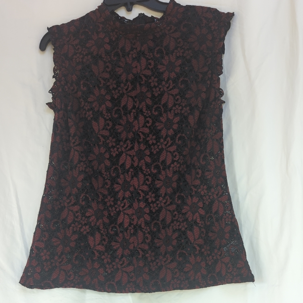 WESTON black and burgundy stretch lace top